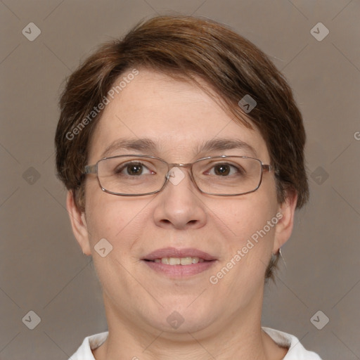 Joyful white adult female with short  brown hair and brown eyes