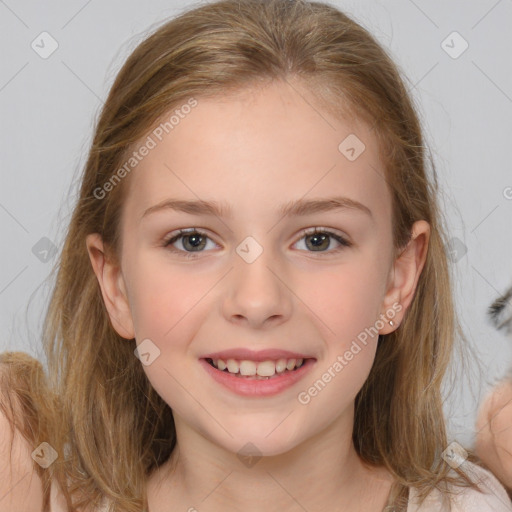 Joyful white child female with medium  brown hair and brown eyes