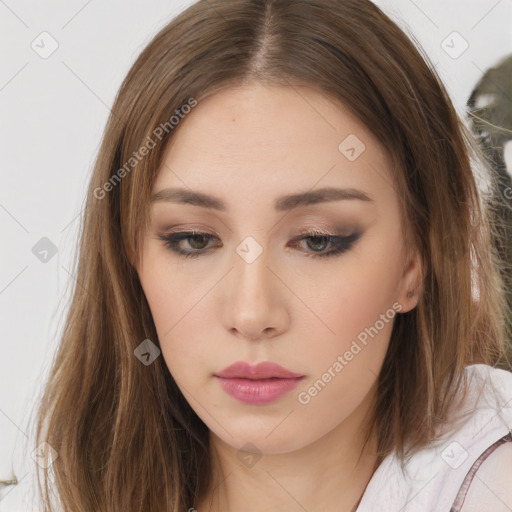 Neutral white young-adult female with long  brown hair and brown eyes