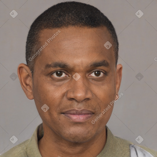 Joyful latino adult male with short  brown hair and brown eyes