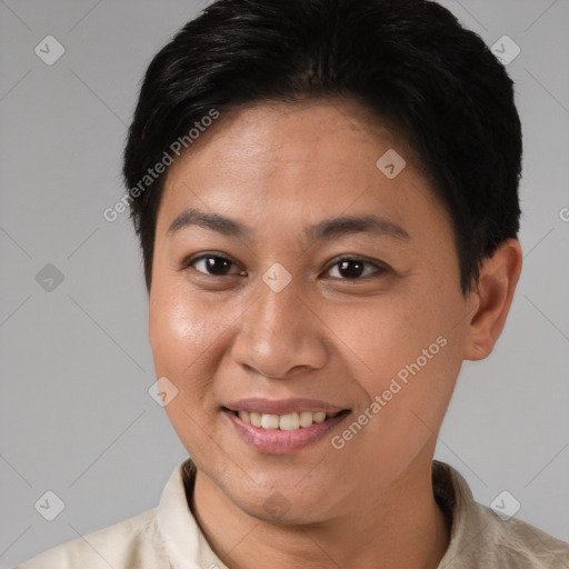 Joyful white young-adult female with short  brown hair and brown eyes