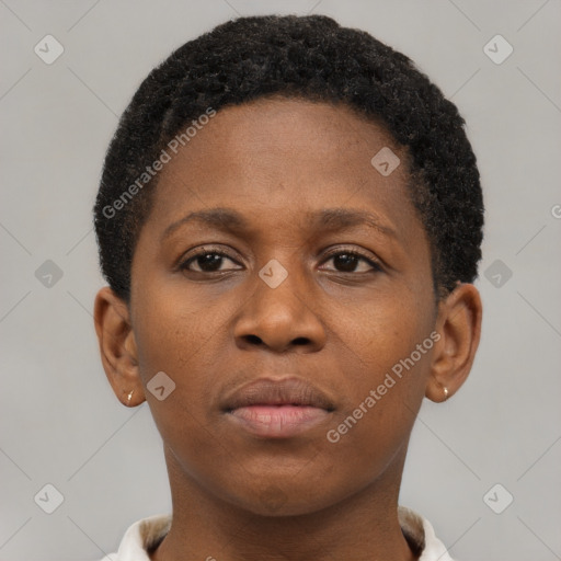 Neutral black young-adult female with short  brown hair and brown eyes