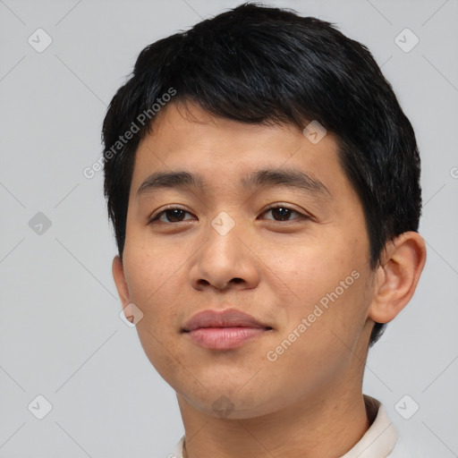 Neutral asian young-adult male with short  black hair and brown eyes