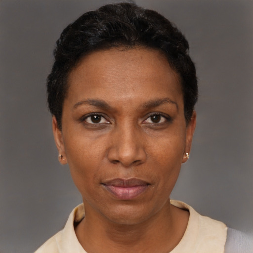 Neutral black adult female with short  black hair and brown eyes