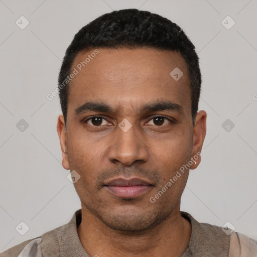 Neutral latino young-adult male with short  black hair and brown eyes