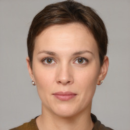 Neutral white young-adult female with short  brown hair and brown eyes