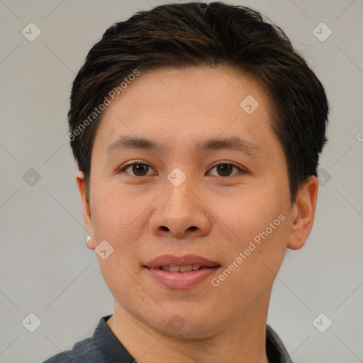 Joyful white adult female with short  brown hair and brown eyes