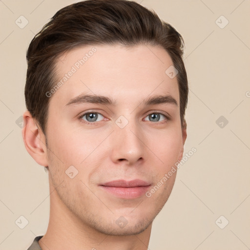 Neutral white young-adult male with short  brown hair and grey eyes