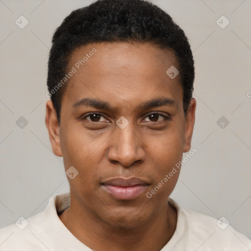Neutral black young-adult male with short  black hair and brown eyes