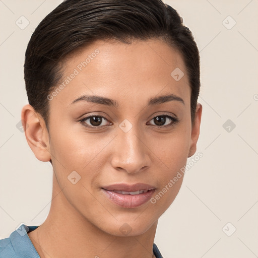 Joyful white young-adult female with short  brown hair and brown eyes