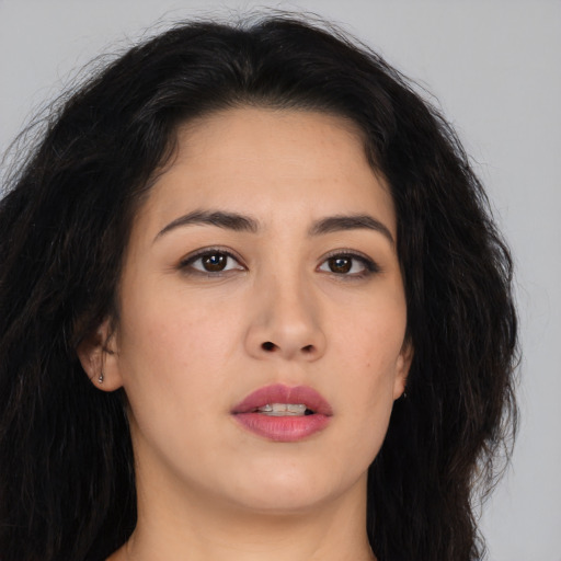 Neutral asian young-adult female with long  brown hair and brown eyes