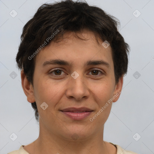 Joyful white adult female with short  brown hair and brown eyes