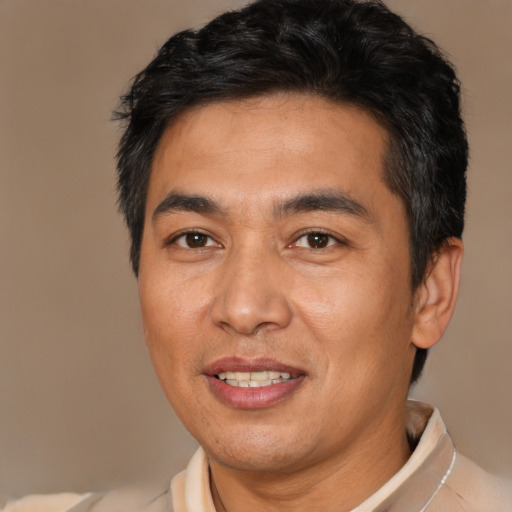 Joyful asian young-adult male with short  brown hair and brown eyes