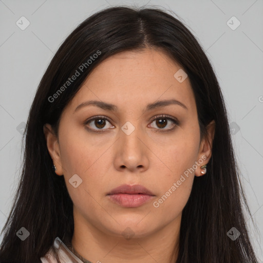 Neutral asian young-adult female with long  brown hair and brown eyes