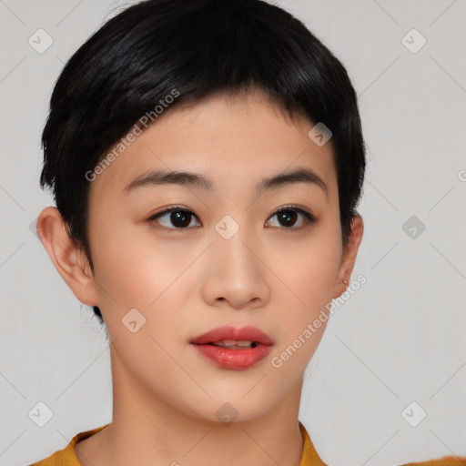 Neutral asian young-adult female with short  brown hair and brown eyes