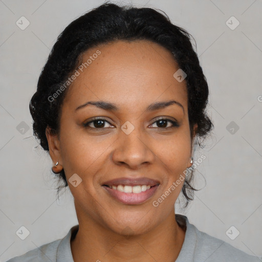 Joyful latino young-adult female with medium  black hair and brown eyes