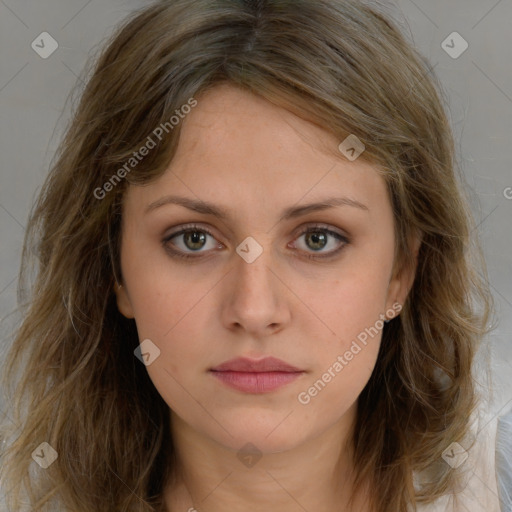 Neutral white young-adult female with long  brown hair and brown eyes