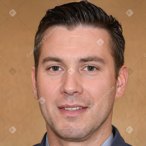 Joyful white adult male with short  brown hair and brown eyes