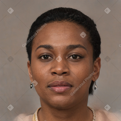 Neutral black young-adult female with short  brown hair and brown eyes