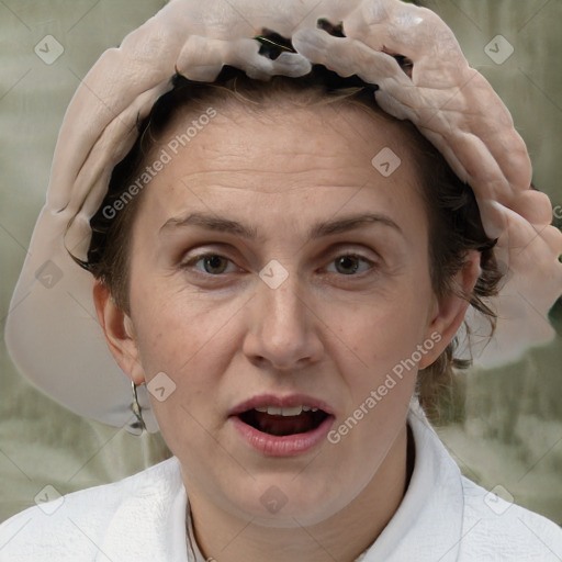 Joyful white adult female with short  brown hair and brown eyes