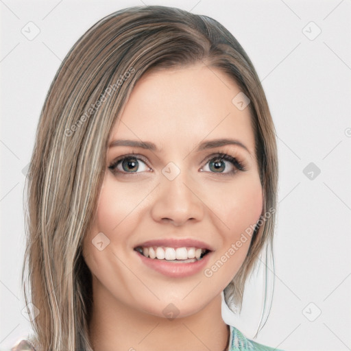 Joyful white young-adult female with long  brown hair and green eyes