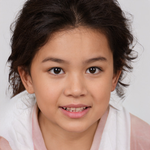 Joyful white child female with medium  brown hair and brown eyes