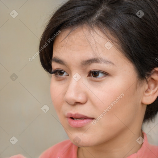 Neutral white young-adult female with short  brown hair and brown eyes