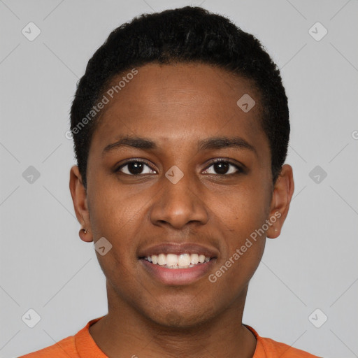 Joyful black young-adult male with short  black hair and brown eyes