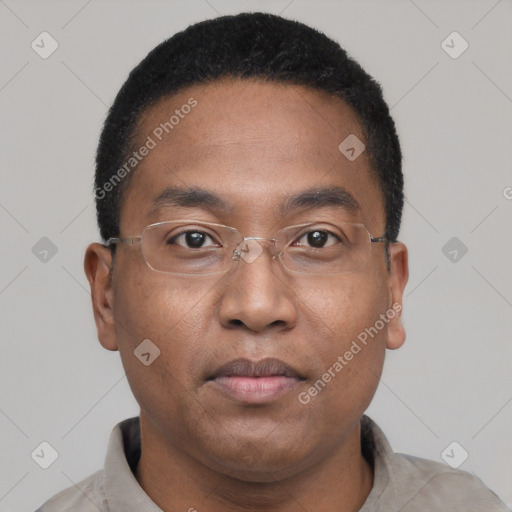 Neutral black young-adult male with short  black hair and brown eyes