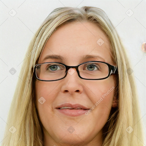 Joyful white young-adult female with long  brown hair and blue eyes