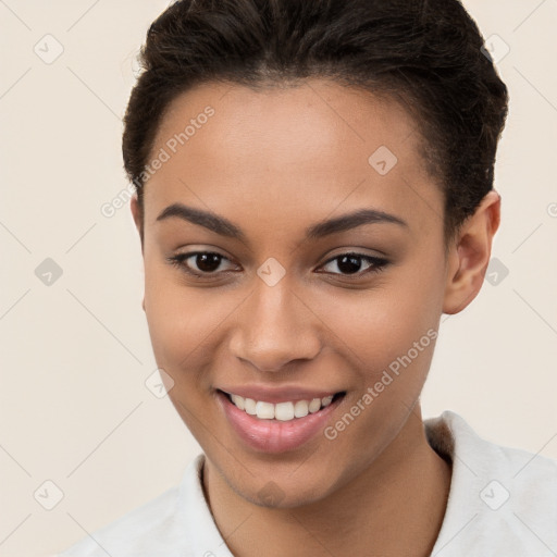 Joyful white young-adult female with short  brown hair and brown eyes