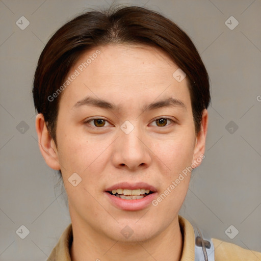 Joyful white young-adult female with short  brown hair and brown eyes