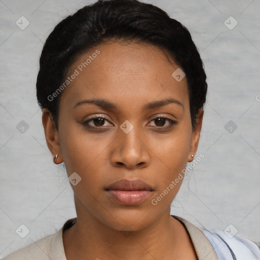 Neutral asian young-adult female with short  black hair and brown eyes