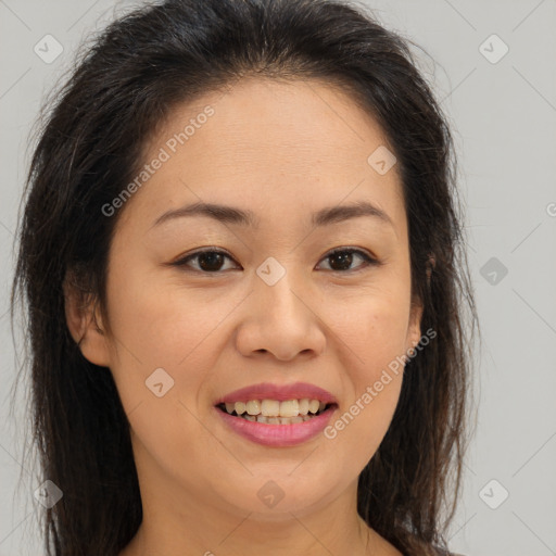 Joyful white young-adult female with medium  brown hair and brown eyes