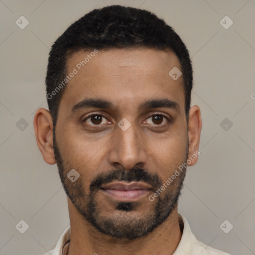 Neutral black young-adult male with short  black hair and brown eyes