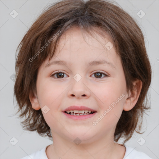 Joyful white child female with medium  brown hair and brown eyes