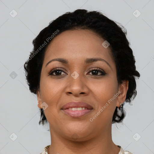 Joyful latino young-adult female with short  brown hair and brown eyes