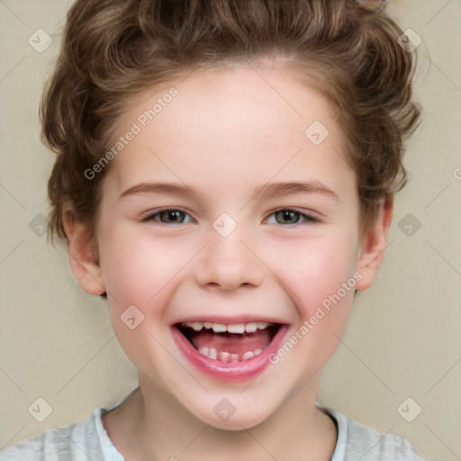 Joyful white child female with short  brown hair and brown eyes