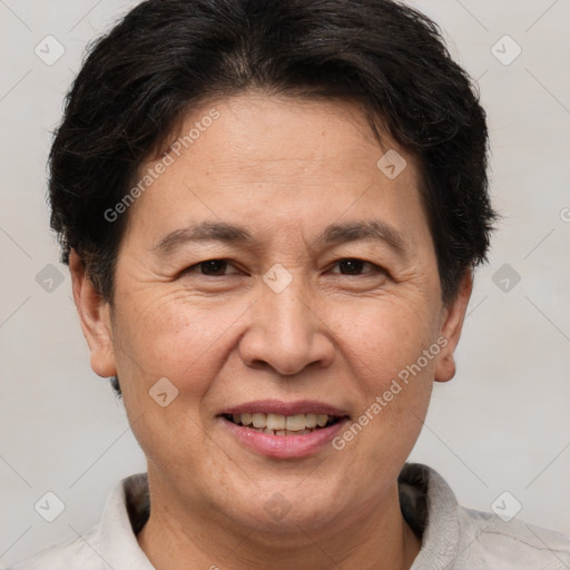 Joyful white adult female with short  brown hair and brown eyes