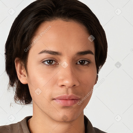 Neutral white young-adult female with short  brown hair and brown eyes