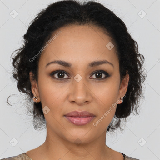 Joyful latino young-adult female with medium  brown hair and brown eyes