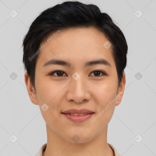 Joyful asian young-adult female with short  black hair and brown eyes