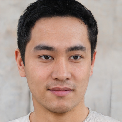 Neutral asian young-adult male with short  black hair and brown eyes