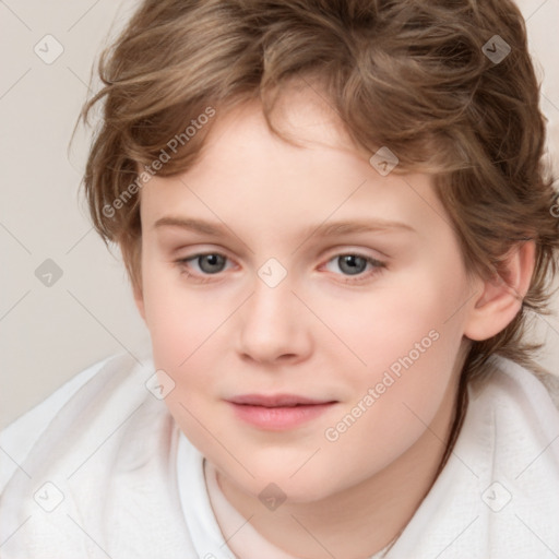 Joyful white child female with medium  brown hair and brown eyes