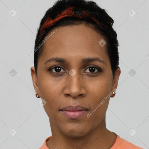 Neutral black young-adult female with short  black hair and brown eyes