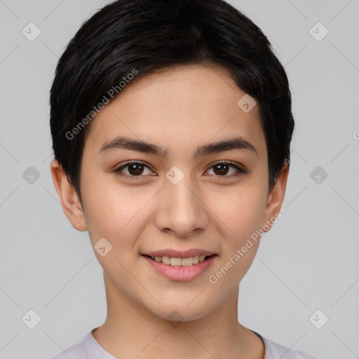 Joyful white young-adult female with short  brown hair and brown eyes