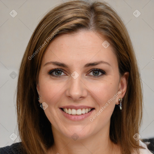 Joyful white young-adult female with medium  brown hair and blue eyes