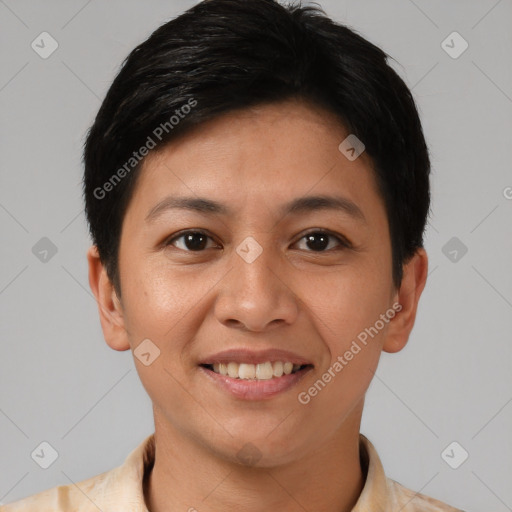 Joyful asian young-adult female with short  brown hair and brown eyes