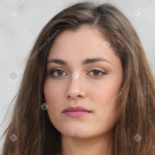 Neutral white young-adult female with long  brown hair and brown eyes