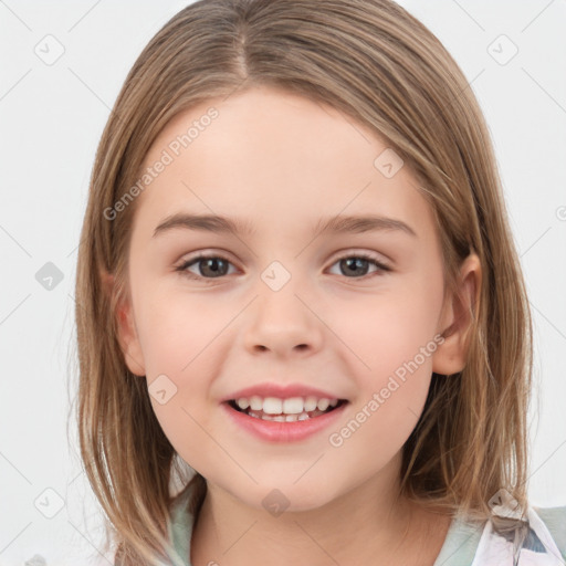 Joyful white child female with medium  brown hair and brown eyes